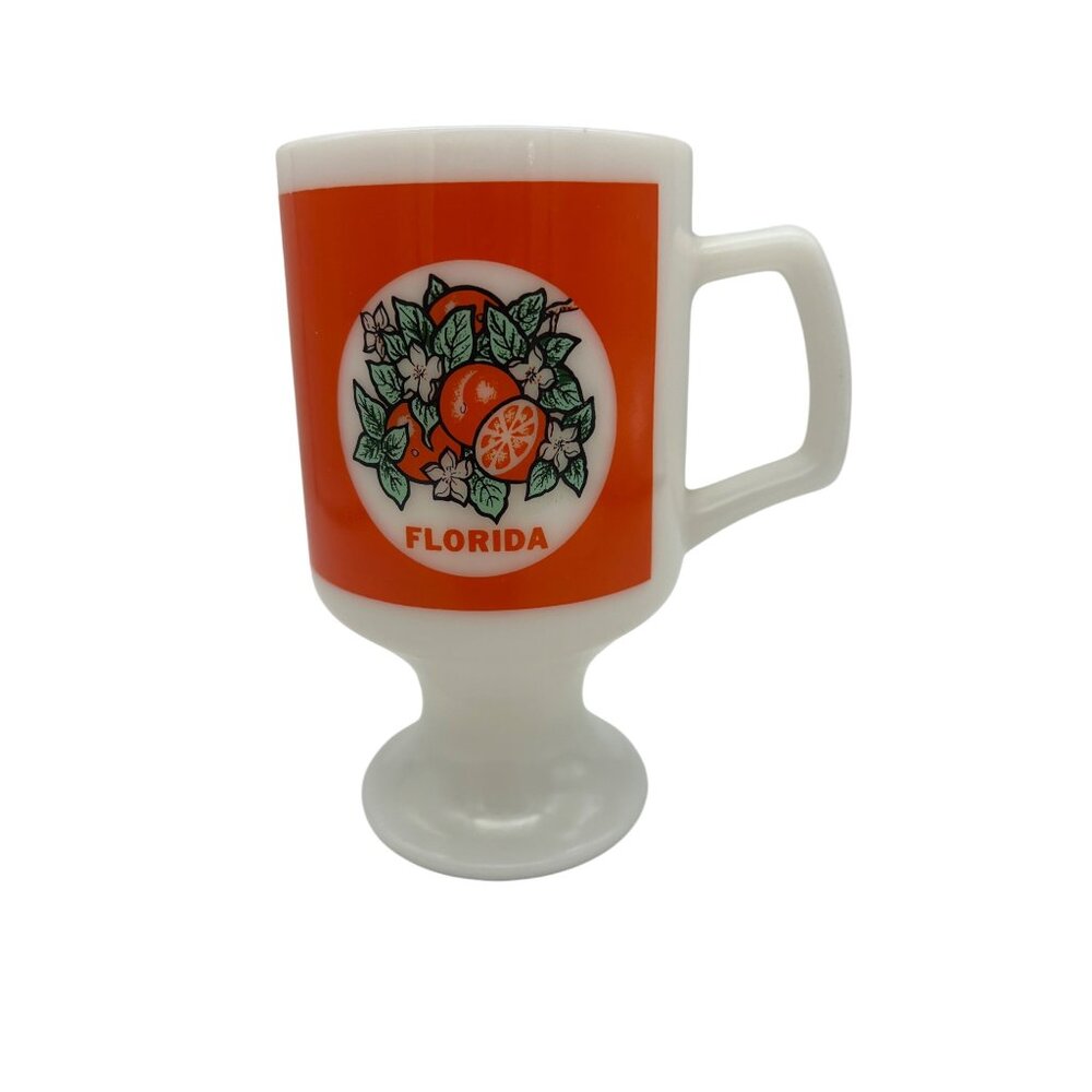 Vintage Florida Pedestal Mug 5.5" Tall White Milk Glass Orange Citrus Graphics